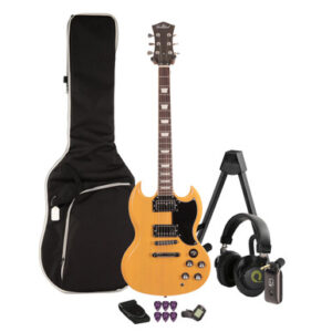 EastCoast GS61 Electric Guitar Silent Bundle in TV Yellow with Headphone Amp & Accessories