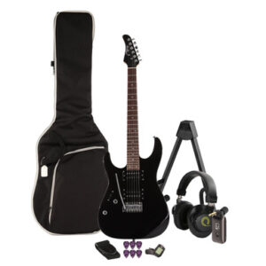 EastCoast HM1 Electric Guitar Silent Bundle In Black with Headphone Amp & Accessories