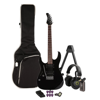 EastCoast HM1 Electric Guitar Silent Bundle In Black with Headphone Amp & Accessories