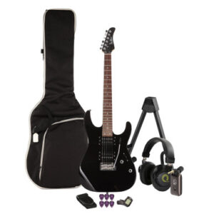 EastCoast HM1 Electric Guitar Starter Pack in Black with Headphone Amp & Accessories