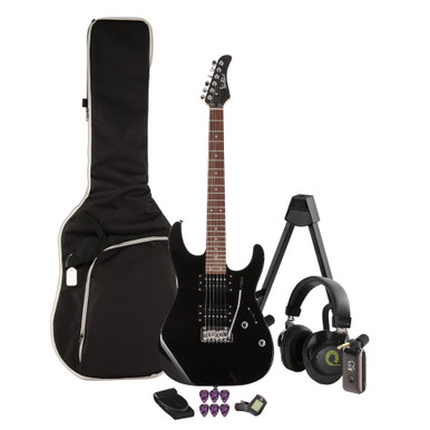EastCoast HM1 Electric Guitar Starter Pack in Black with Headphone Amp & Accessories