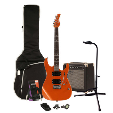 EastCoast HM1 Electric Guitar Starter Pack in Metallic Orange with 15W Amp & Accessories