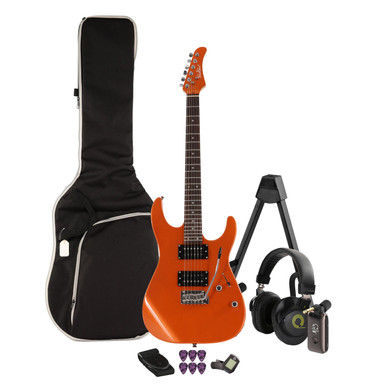 EastCoast HM1 Electric Guitar Silent Bundle In Metallic Orange with Headphone Amp & Accessories