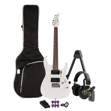 EastCoast HM1 Electric Guitar Silent Bundle In White with Headphone Amp & Accessories