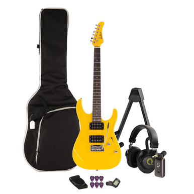 EastCoast HM1 Electric Guitar Starter Pack in Ferrari Yellow with Headphone Amp & Accessories