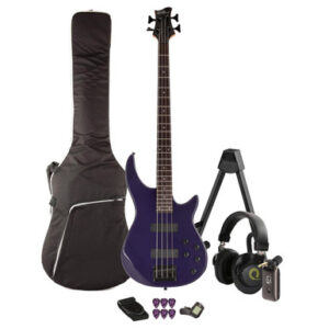 EastCoast MB4 Bass Guitar Starter Pack in Purple with Headphone Amp & Accessories