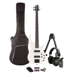 EastCoast MB4 Bass Guitar Starter Pack in White with Headphone Amp & Accessories