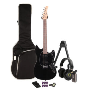 EastCoast MS1 Short Scale Electric Guitar Silent Bundle in Black with Headphone Amp & Accessories