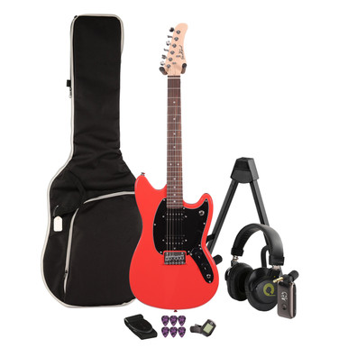 EastCoast MS1 Short Scale Electric Guitar Silent Bundle in Fiesta Red with Headphone Amp & Accessories