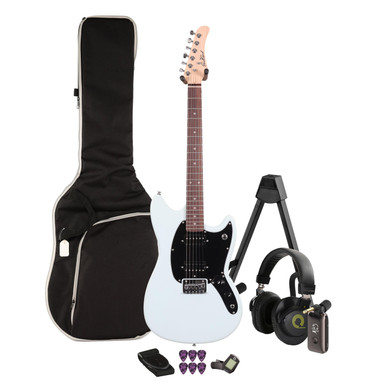EastCoast MS1 Short Scale Electric Guitar Silent Bundle in Sonic Blue with Headphone Amp & Accessories