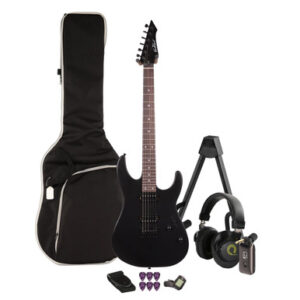 EastCoast MT1 Electric Guitar Silent Bundle in Black with Headphone Amp & Accessories