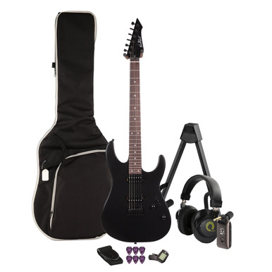 EastCoast MT1 Electric Guitar Silent Bundle in Black with Headphone Amp & Accessories