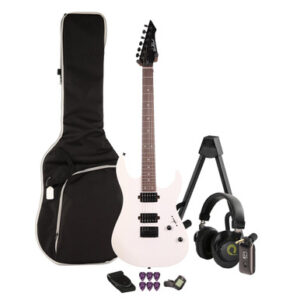 EastCoast MT1 Electric Guitar Silent Bundle in Satin White with Headphone Amp & Accessories