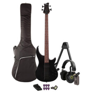 EastCoast MTB Bass Guitar Silent Bundle in Satin Black with Headphone Amp & Accessories