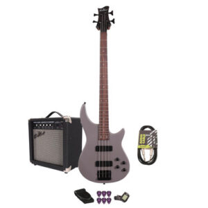 EastCoast MTB Bass Guitar Starter Pack in Satin Stone Grey with 15W Amp & Accessories