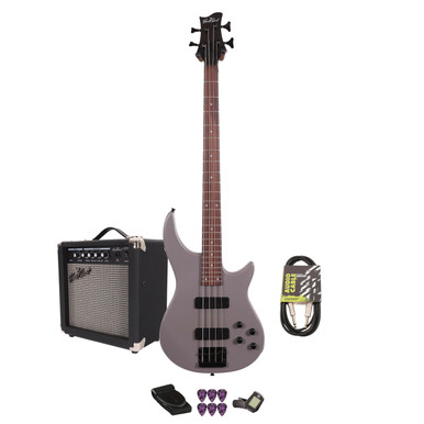 EastCoast MTB Bass Guitar Starter Pack in Satin Stone Grey with 15W Amp & Accessories