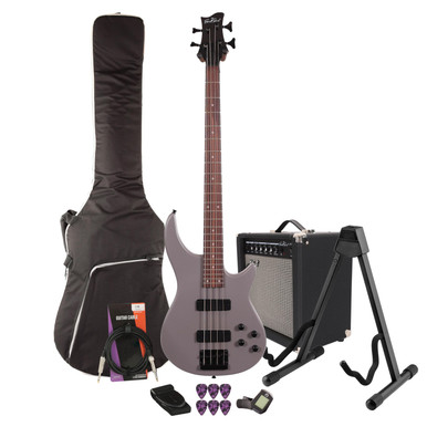 EastCoast MTB Bass Guitar Starter Pack in Satin Stone Grey with 25W Amp & Accessories