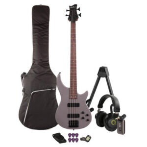 EastCoast MTB Bass Guitar Silent Bundle in Satin Stone Grey with Headphone Amp & Accessories