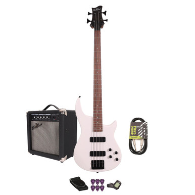 EastCoast MTB Bass Guitar Starter Pack in Satin White with 15W Amp & Accessories