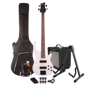 EastCoast MTB Bass Guitar Starter Pack in Satin White with 25W Amp & Accessories