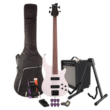 EastCoast MTB Bass Guitar Starter Pack in Satin White with 25W Amp & Accessories