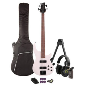 EastCoast MTB Bass Guitar Silent Bundle in Satin White with Headphone Amp & Accessories