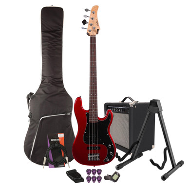 EastCoast PJ4 Bass Guitar Starter Pack in Candy Apple Red with 25W Amp & Accessories