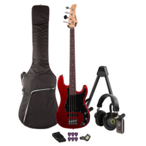 EastCoast PJ4 Bass Guitar Silent Bundle in Candy Apple Red with Headphone Amp & Accessories