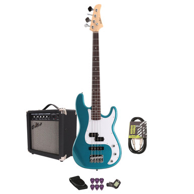 EastCoast PJ4 Bass Guitar Starter Pack in Lake Placid Blue with 15W Amp & Accessories