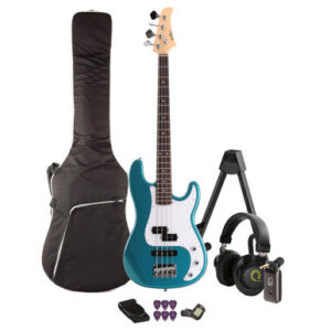 EastCoast PJ4 Bass Guitar Silent Bundle in Lake Placid Blue with Headphone Amp & Accessories