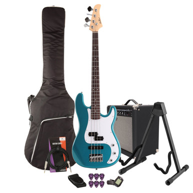 EastCoast PJ4 Bass Guitar Starter Pack in Lake Placid Blue with 25W Amp & Accessories