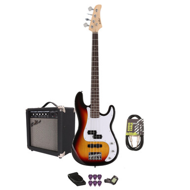 EastCoast PJ4 Bass Guitar Starter Pack in Sunburst with 15W Amp & Accessories