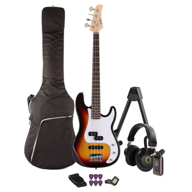 EastCoast PJ4 Bass Guitar Silent Bundle in Sunburst with Headphone Amp & Accessories