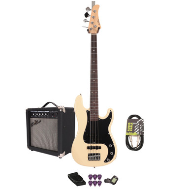 EastCoast PJ4 Bass Guitar Starter Pack in Vintage White with 15W Amp & Accessories