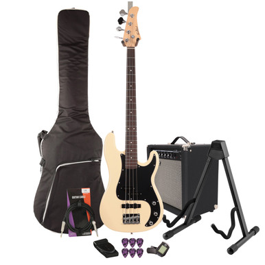 EastCoast PJ4 Bass Guitar Starter Pack in Vintage White with 25W Amp & Accessories