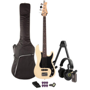 EastCoast PJ4 Bass Guitar Silent Bundle in Vintage White With Headphone Amp & Accessories