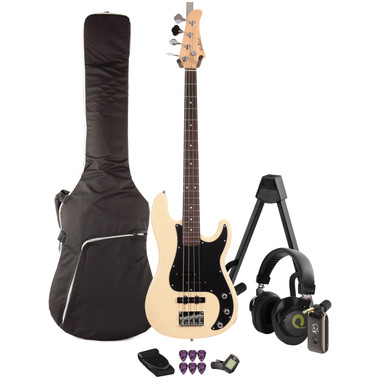 EastCoast PJ4 Bass Guitar Silent Bundle in Vintage White With Headphone Amp & Accessories