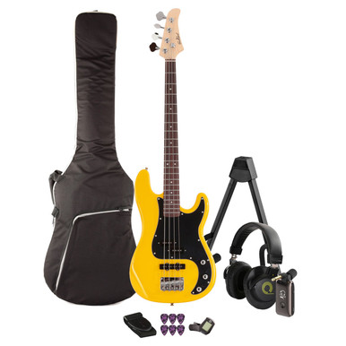 EastCoast PJ4 Bass Guitar Silent Bundle in Ferrari Yellow with Headphone Amp & Accessories