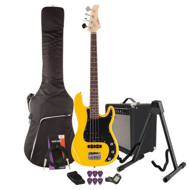 EastCoast PJ4 Bass Guitar Starter Pack in Yellow with 25W Amp & Accessories