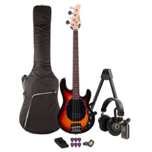 EastCoast SRB Bass Guitar Silent Bundle in Three Tone Sunburst with Headphone Amp & Accessories