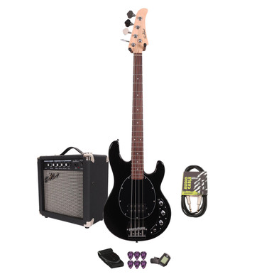 EastCoast SRB Bass Guitar Starter Pack in Black with 15W Amp & Accessories