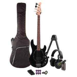 EastCoast SRB Bass Guitar Silent Bundle in Black with Headphone Amp & Accessories