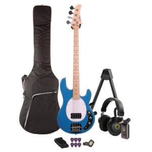 EastCoast SRB Bass Guitar Silent Bundle in Miami Blue with Headphone Amp & Accessories