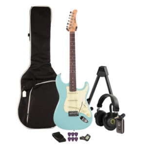 EastCoast ST1 Electric Guitar Silent Bundle in Daphne Blue with Headphone Amp & Accessories
