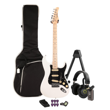 EastCoast ST1 Electric Guitar Silent Bundle in Pearl White with Headphone Amp & Accessories
