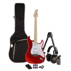 EastCoast ST1 Electric Guitar Silent Bundle in Red with Headphone Amp & Accessories