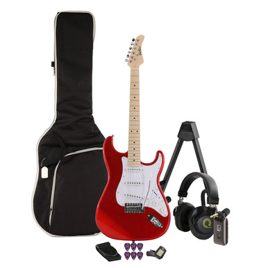 EastCoast ST1 Electric Guitar Silent Bundle in Red with Headphone Amp & Accessories