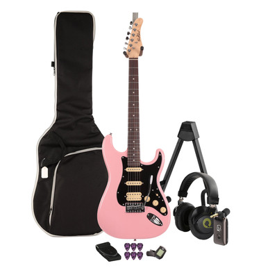 EastCoast ST2 Electric Guitar Silent Bundle in Bubblegum Metallic with Headphone Amp & Accessories