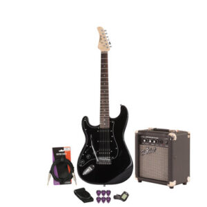 EastCoast ST2 Left Handed Electric Guitar Starter Pack in Black Metallic with 10W Amp & Accessories