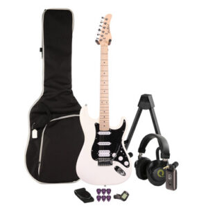EastCoast ST2 HSS Electric Guitar Silent Bundle in Pearl White with Headphone Amp & Accessories